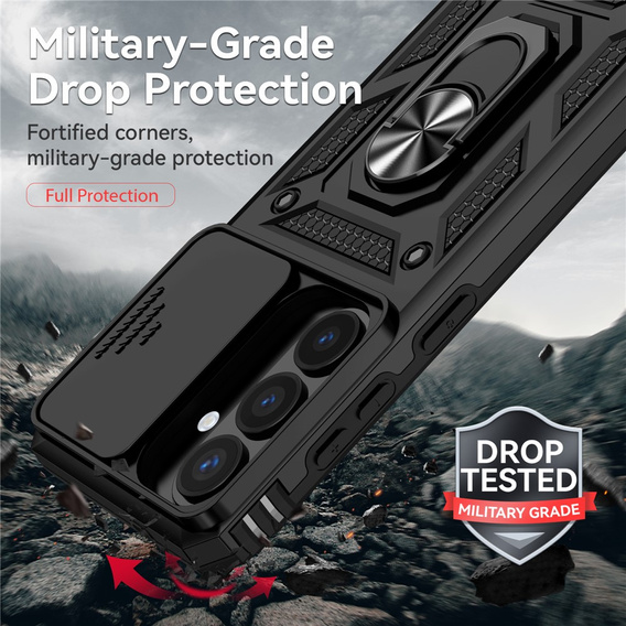 Páncélozott tok állvánnyal és objektívvédővel Samsung Galaxy S26-hoz, fekete