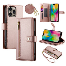 Pattintható tok a iPhone 16 Pro, Wallet Zipper Pocket, rózsaszín