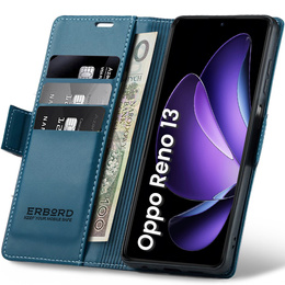 Tok Oppo Reno 13, ERBORD Glossy Litchi, pénztárca patenttal, kék