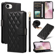 Flap tok iPhone 16E, Rhombus Crossbody Leather, fekete