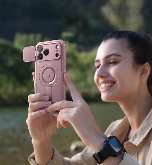 Dexnor páncélozott tok állvánnyal és fényképezőgép zárral, MagSafe iPhone 17 Pro készülékhez