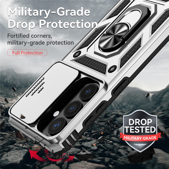 Páncélozott tok állvánnyal és objektívvédővel Samsung Galaxy S26 készülékhez, ezüst színű