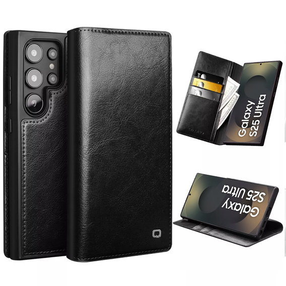 Flip tok Samsung Galaxy S25 Ultra, QIALINO Leather Wallet, fekete