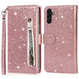 Pattintható tok a Samsung Galaxy A56 5G, Wallet Zipper Pocket Glittery, rózsaszín rose gold