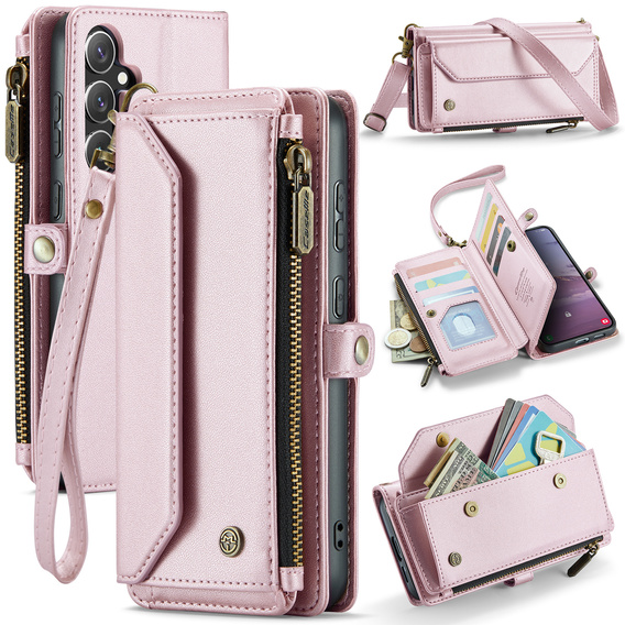 Tok CASEME Samsung Galaxy S25 FE, RFID Leather Wallet, vállpánttal, rózsaszín