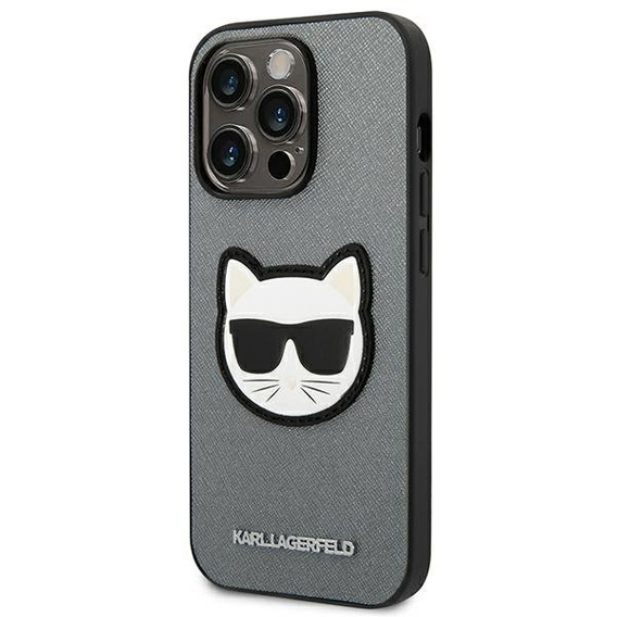 Karl Lagerfeld Telefontok a iPhone 14 Pro Max, Saffiano Choupette Head Patch, ezüst
