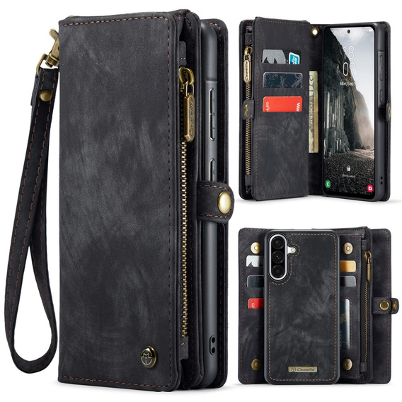 CASEME tok Samsung Galaxy A56 5G, Retro Leather Wallet, szíjjal, fekete