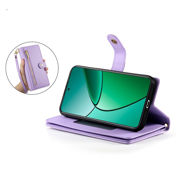 Pattintható tok a Realme 14 Pro 5G, Wallet Zipper Pocket, lila