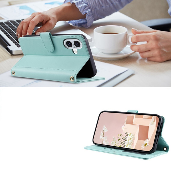 Flap tok iPhone 16 Plus, Rhombus Crossbody Leather, zöld