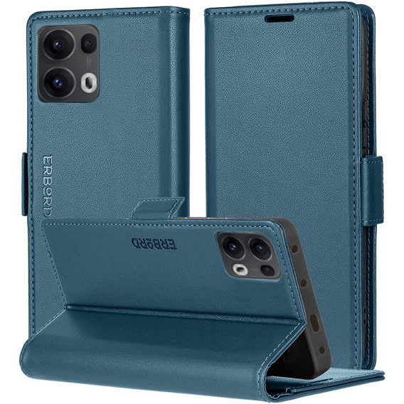 Tok Oppo Reno 13 Pro, ERBORD Glossy Litchi, pénztárca patenttal, kék
