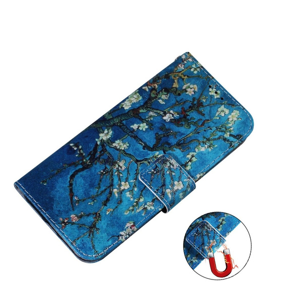 Pattintható tok a Samsung Galaxy A14 4G/5G, Wallet, Sakura, kék