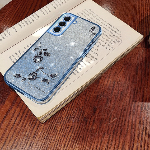 tok Samsung Galaxy S22, csillogó virág, kék