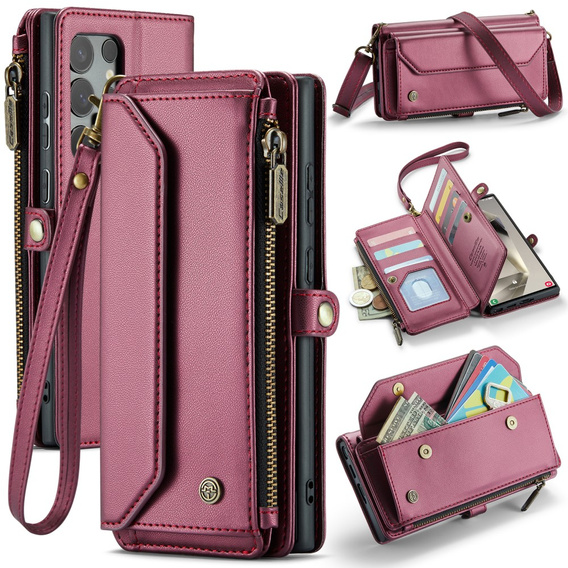 Tok CASEME Samsung Galaxy S25 Ultra, RFID Leather Wallet, vállpánttal, piros