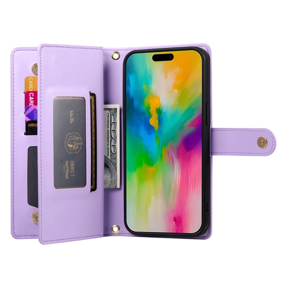 Pattintható tok a iPhone 16 Pro, Wallet Zipper Pocket, lila