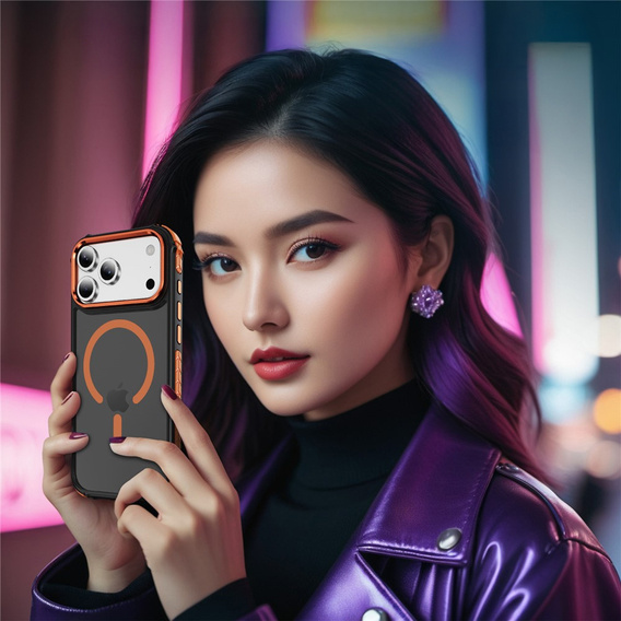 Matt tok iPhone 17 Pro Max készülékhez, páncélozott, MagSafe-hoz, füstszínű, narancssárga oldallal