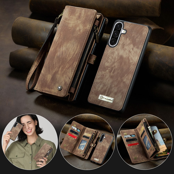 CASEME tok Samsung Galaxy A56 5G, Retro Leather Wallet, szíjjal, barna
