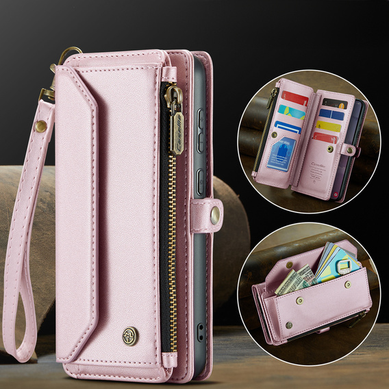 Tok CASEME Samsung Galaxy S25 FE, RFID Leather Wallet, vállpánttal, rózsaszín