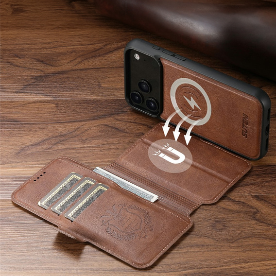 2 az 1-ben flip tok iPhone 17 Pro-hoz, SUTENI, MagSafe, barna színű