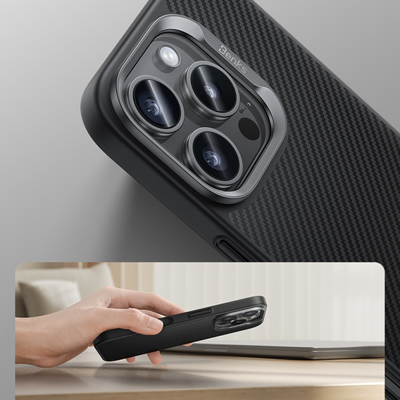 BENKS Kevlar tok iPhone 16 Pro, MagSafe, Carbon Fiber, fekete