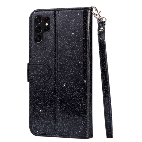 Pattintható tok a Samsung Galaxy S24 Ultra, Wallet Zipper Pocket Glittery, fekete