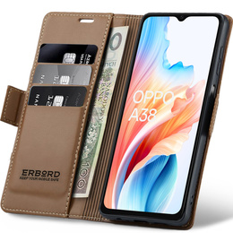 Tok Oppo A18 4G / A38 4G, ERBORD Glossy Litchi, pénztárca patenttal, barna