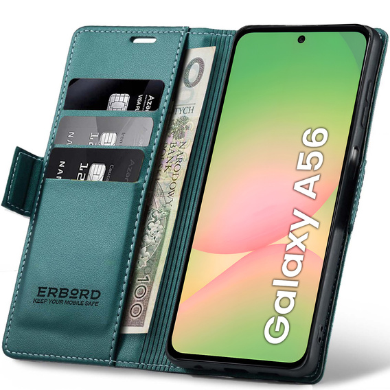 Tok Samsung Galaxy A56, ERBORD Glossy Litchi, pénztárca patenttal, zöld