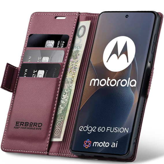 Tok Motorola Edge 60 / 60 Fusion, ERBORD Glossy Litchi, pénztárca patenttal, piros