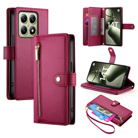 Pattintható tok a Xiaomi 14T, Wallet Zipper Pocket, piros