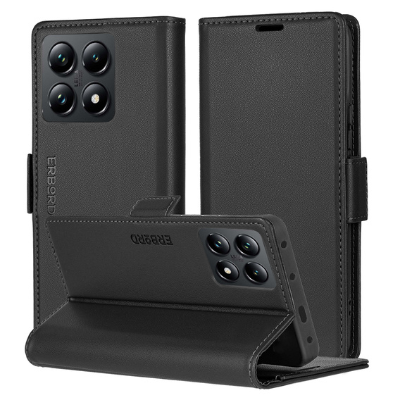Tok Xiaomi 14T Pro, ERBORD Glossy Litchi, pénztárca patenttal, fekete