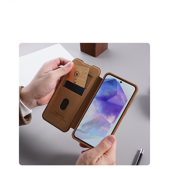 NILLKIN flip tok Samsung Galaxy A56, CamShield Qin Pro, bőr, barna