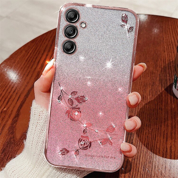 tok Samsung Galaxy A55 5G, csillogó virág, rózsaszín rose gold