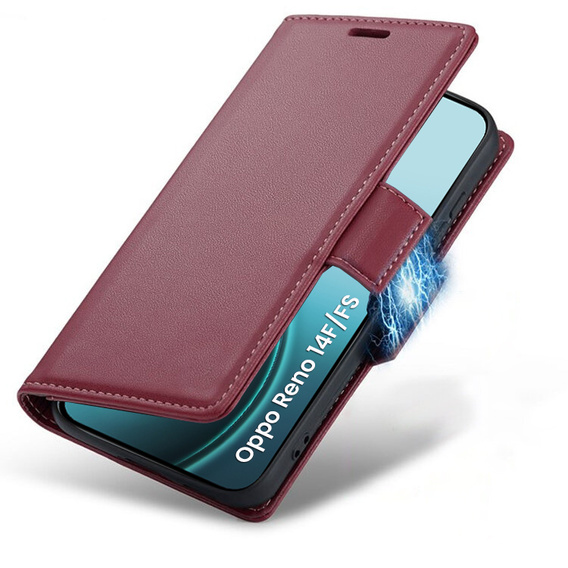 Tok Oppo Reno 14 F / 14 FS, ERBORD Glossy Litchi, pénztárca patenttal, piros