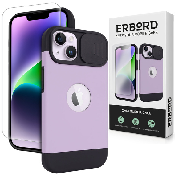 ERBORD MagSafe Cam Slider tok, lila + képernyővédő üveg iPhone 13 / iPhone 14 készülékekhez