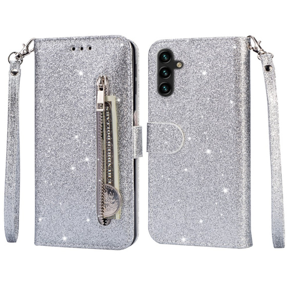 Pattintható tok a Samsung Galaxy A55, Wallet Zipper Pocket Glittery, ezüst