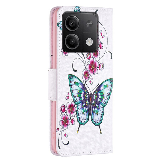 Pattintható tok a Xiaomi Redmi Note 13 5G, Wallet, Butterflies & Flowers fehér