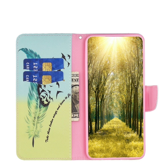 Pattintható tok a Xiaomi Redmi Note 13 Pro 5G, Wallet, Feather kék / sárga