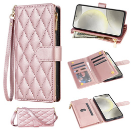 Flap tok Samsung Galaxy S25 Edge, Rhombus Crossbody Leather, rózsaszín rose gold