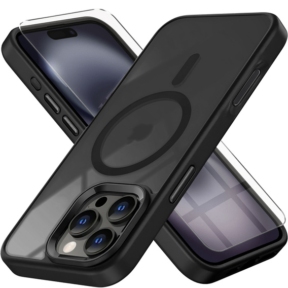 Tok iPhone 16 Pro Max-hoz, MagSafe, ERBORD Matt Case, átlátszó / fekete + képernyőüveg