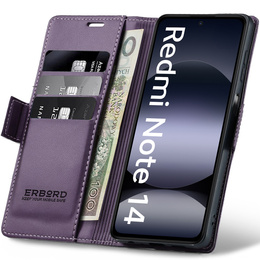Tok Xiaomi Redmi Note 14 5G, ERBORD Glossy Litchi, pénztárca patenttal, lila