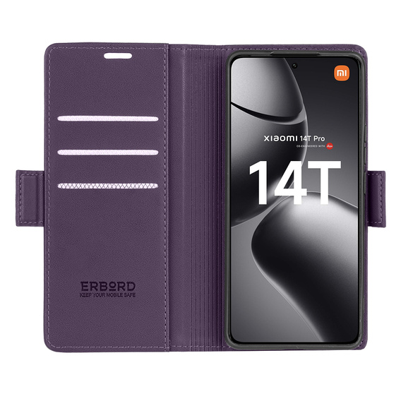 Tok Xiaomi 14T Pro, ERBORD Glossy Litchi, pénztárca patenttal, lila