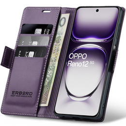 Tok Oppo Reno 12, ERBORD Glossy Litchi, pénztárca patenttal, lila