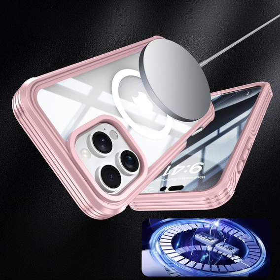 Tok iPhone 16 Pro Max-hoz, Shockproof, üveggel, MagSafe-hoz, rózsaszín