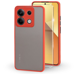 Szilikon tok Xiaomi Redmi Note 13 5G, kamera védelemmel, átlátszó / piros + edzett üveg 9H