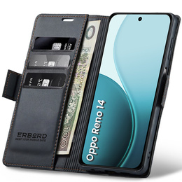 Tok Oppo Reno 14, ERBORD Glossy Litchi, pénztárca patenttal, fekete