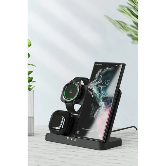 3 az 1-ben vezeték nélküli indukciós gyorstöltő QI Samsung S25 S24 S23 Galaxy Watch Buds állomás, fekete