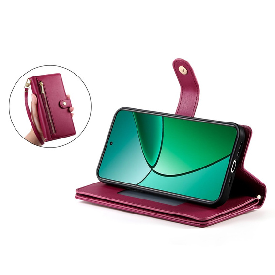 Pattintható tok a Realme 14 Pro 5G, Wallet Zipper Pocket, piros