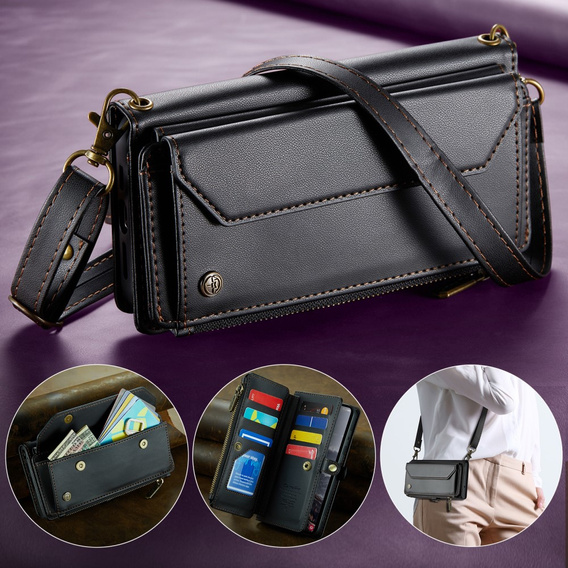 Tok CASEME Samsung Galaxy S24 FE, RFID Leather Wallet, vállpánttal, fekete
