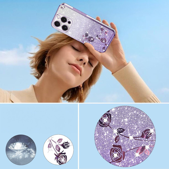 Tok iPhone 16 Pro Max, Glitter Flower, lila