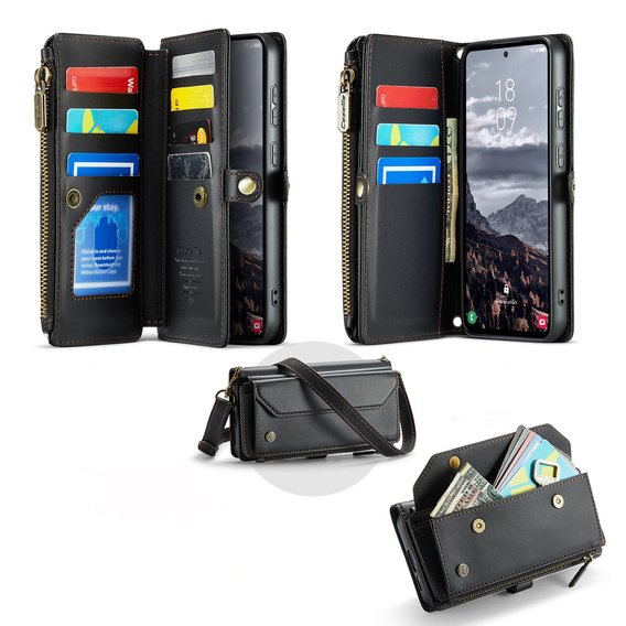 Tok CASEME Samsung Galaxy S25 FE, RFID Leather Wallet, vállpánttal, fekete