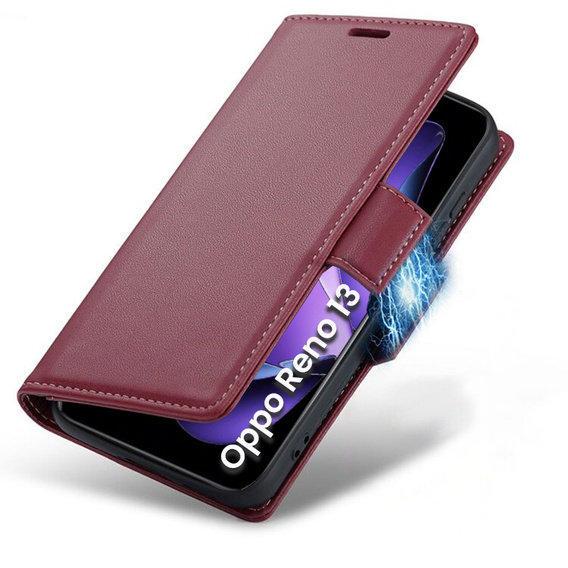 Tok Oppo Reno 13, ERBORD Glossy Litchi, pénztárca patenttal, piros